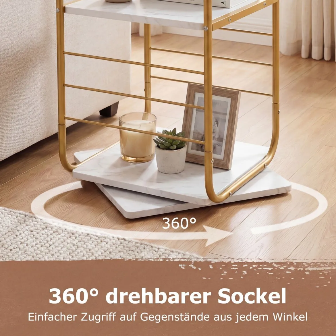 4-stöckiges drehbares Bücherregal 360° drehbarer Bücherturm mit Metallrahmen Gold und Weiß
