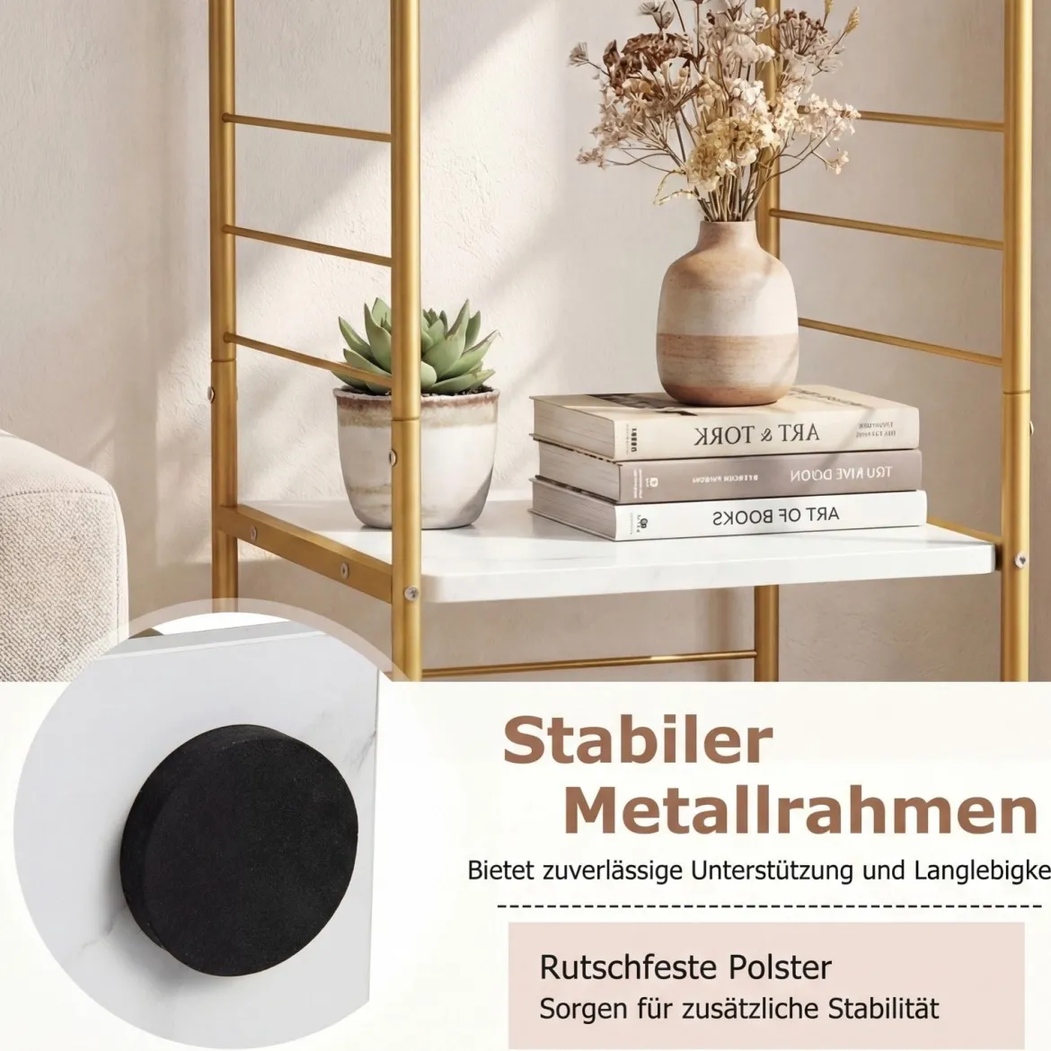 4-stöckiges drehbares Bücherregal 360° drehbarer Bücherturm mit Metallrahmen Gold und Weiß