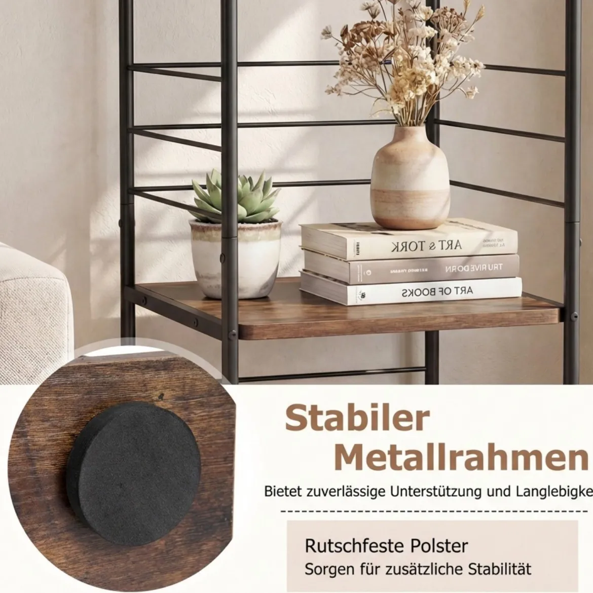 4-stöckiges drehbares Bücherregal 360° drehbarer Bücherturm mit Metallrahmen Rustikal Braun