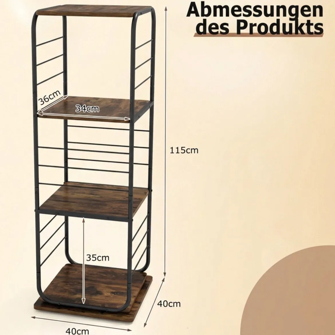 4-stöckiges drehbares Bücherregal 360° drehbarer Bücherturm mit Metallrahmen Rustikal Braun