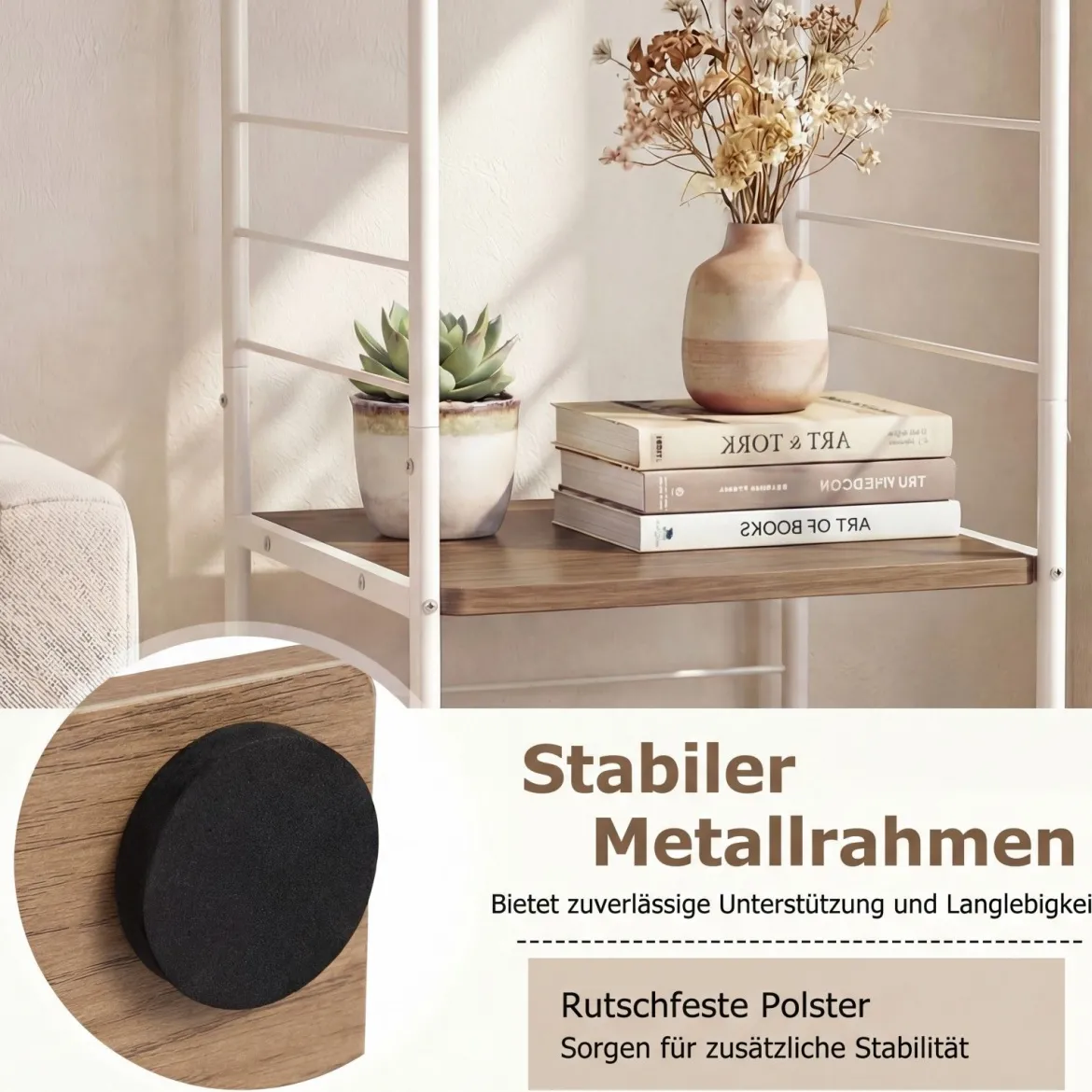 4-stöckiges drehbares Bücherregal 360° drehbarer Bücherturm mit Metallrahmen Weiß und Natur