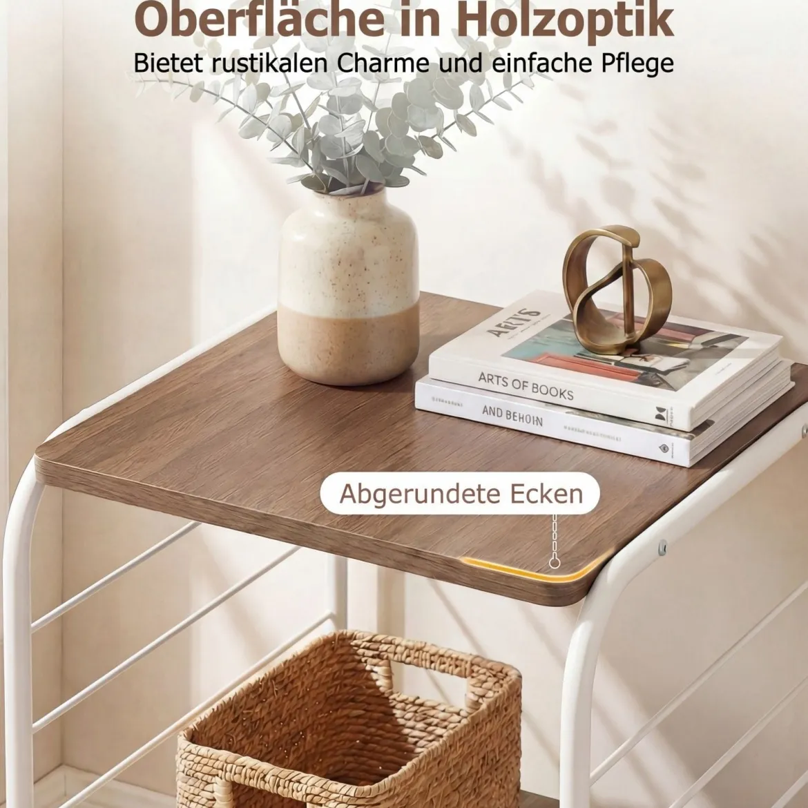 4-stöckiges drehbares Bücherregal 360° drehbarer Bücherturm mit Metallrahmen Weiß und Natur