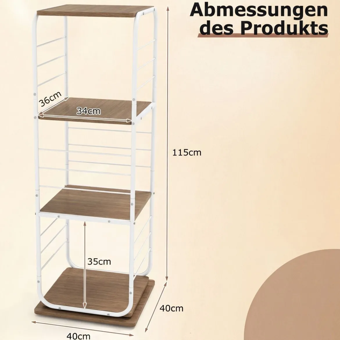 4-stöckiges drehbares Bücherregal 360° drehbarer Bücherturm mit Metallrahmen Weiß und Natur