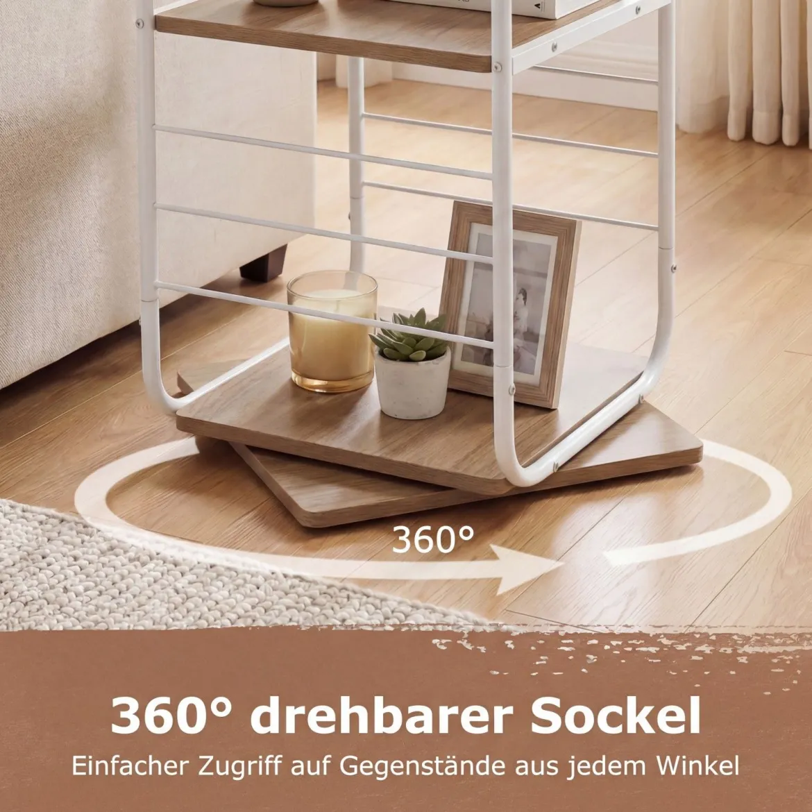 4-stöckiges drehbares Bücherregal 360° drehbarer Bücherturm mit Metallrahmen Weiß und Natur