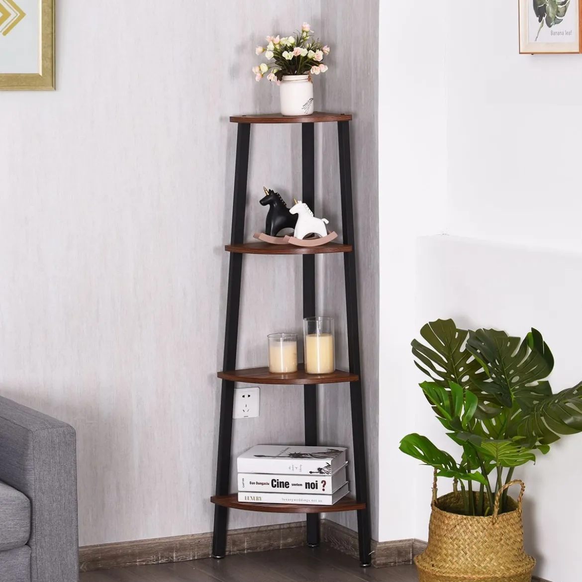 4-Stöckiges Eckregal Dekorationsregal für Home 35 x 35 x 125 cm Braun + Schwarz