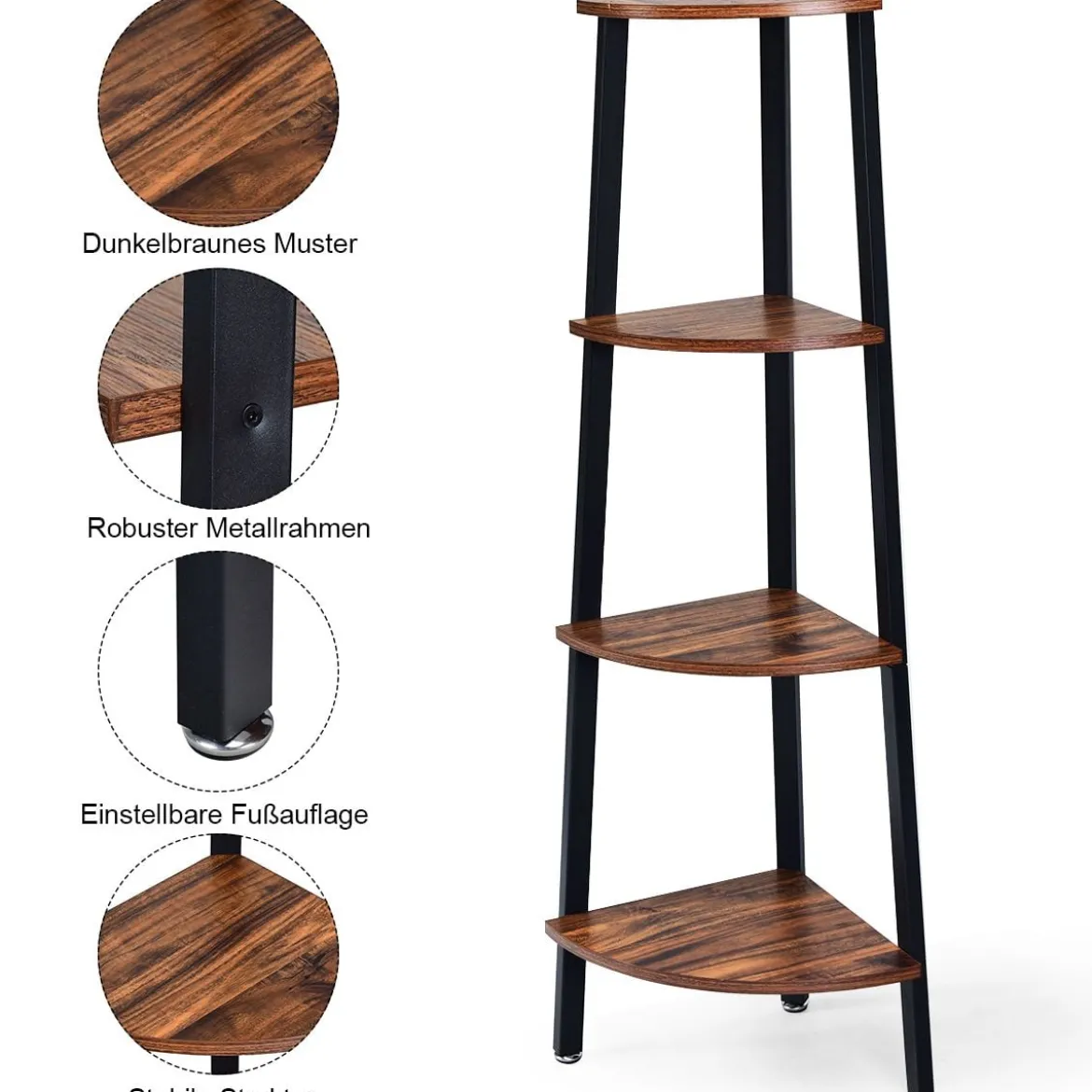 4-Stöckiges Eckregal Dekorationsregal für Home 35 x 35 x 125 cm Braun + Schwarz