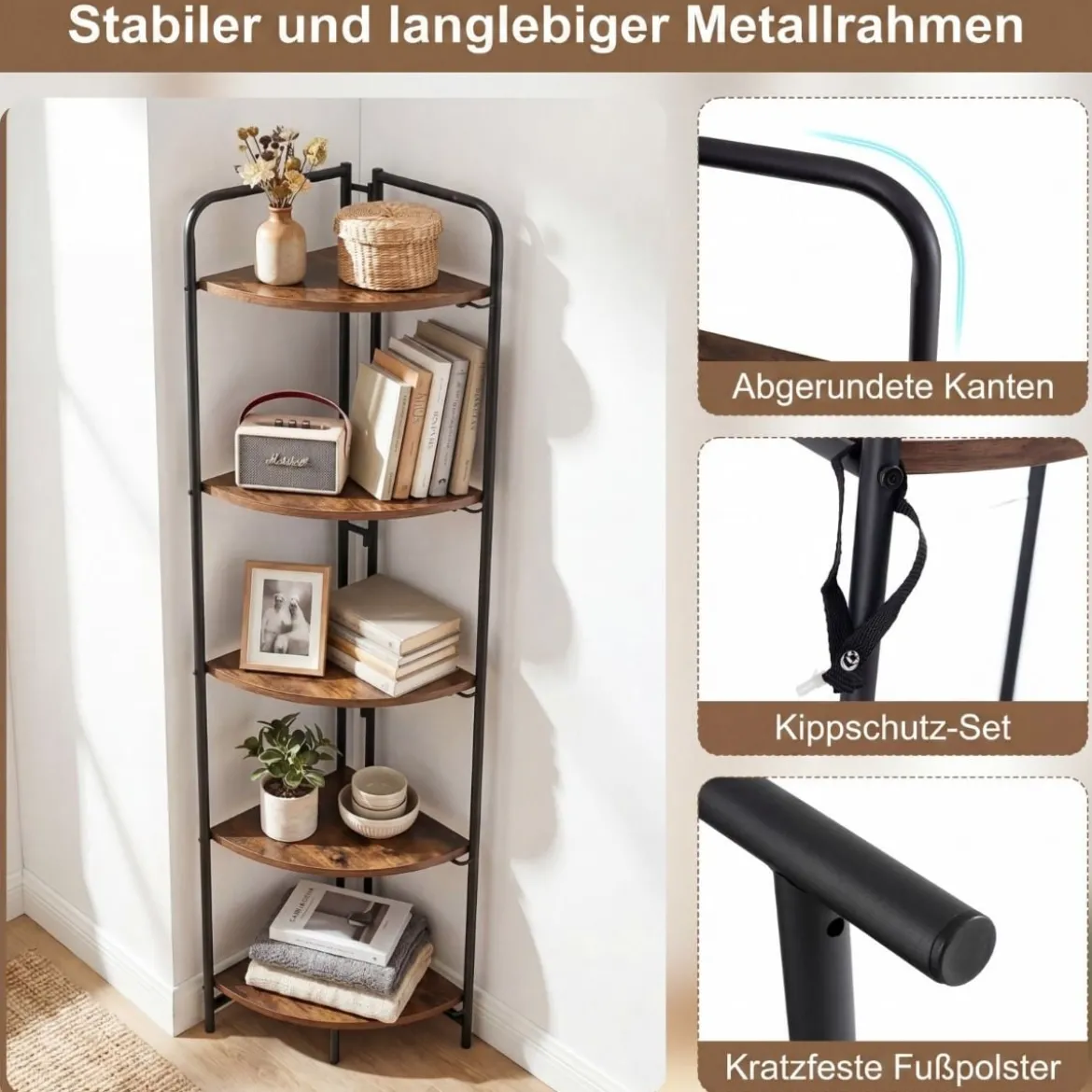 5 Stöckiges Eckregal mit Metallrahmen Klappbares Bücherregal Industrie Standregal Leiterregal