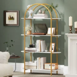 4-stöckiges Gebogenes Bücherregal mit Metallrahmen & Holzplatte Offenes Standregal Gold