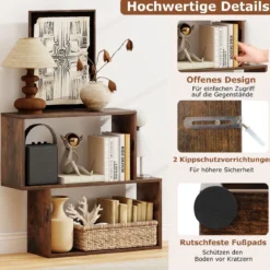 3-stöckiges geometrisches Bücherregal freistehendes Holzregal mit 2 würfelförmigen Fächern Natur/Weiß/Braun