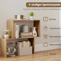 3-stöckiges geometrisches Bücherregal freistehendes Holzregal mit 2 würfelförmigen Fächern Natur/Weiß/Braun