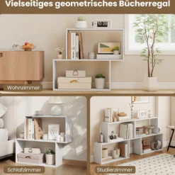 3-stöckiges geometrisches Bücherregal freistehendes Holzregal mit 2 würfelförmigen Fächern Natur/Weiß/Braun