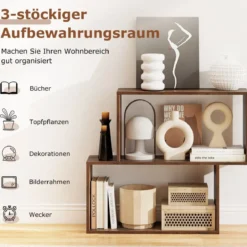 3-stöckiges geometrisches Bücherregal freistehendes Holzregal mit 2 würfelförmigen Fächern Natur/Weiß/Braun