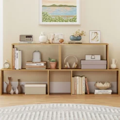 3-stöckiges geometrisches Bücherregal freistehendes Holzregal mit 2 würfelförmigen Fächern Natur/Weiß/Braun