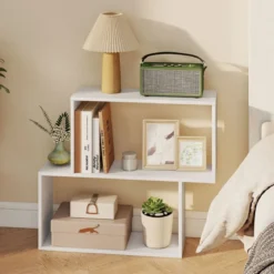 3-stöckiges geometrisches Bücherregal freistehendes Holzregal mit 2 würfelförmigen Fächern Natur/Weiß/Braun