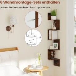 5-stöckiges Hängendes Eckregal Schwebendes Bücherregal Wandmontiertes Schweberegal Braun