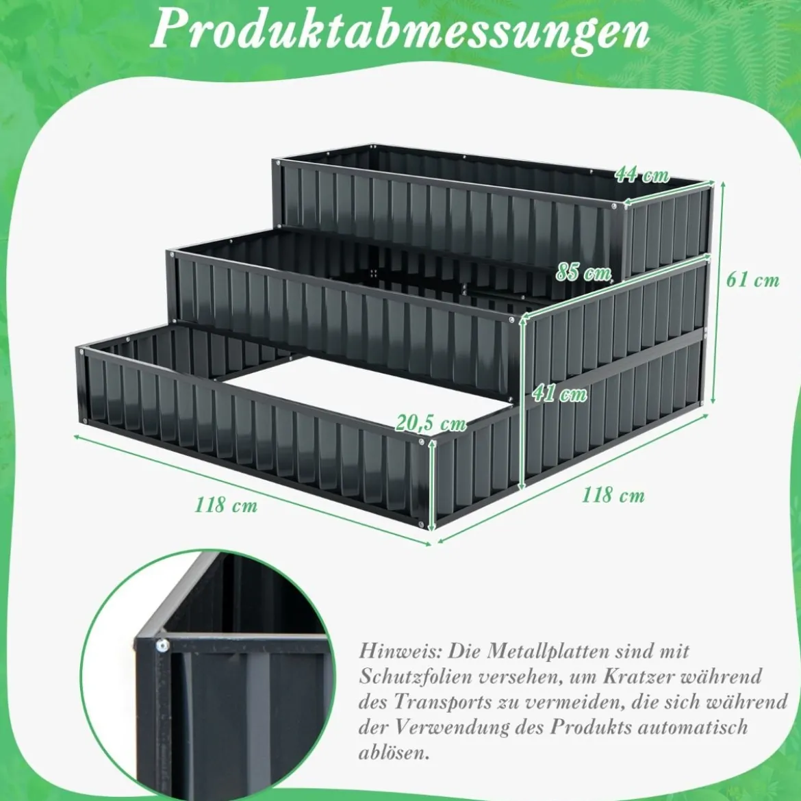 3-stöckiges Hochbeet aus Metall mit Offener Basis Stufenbeet Blumentreppe Pflanztreppe