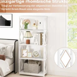 5-stöckiges hohes Bücherregal offenes Holzregal mit rhombischer Struktur Weiß