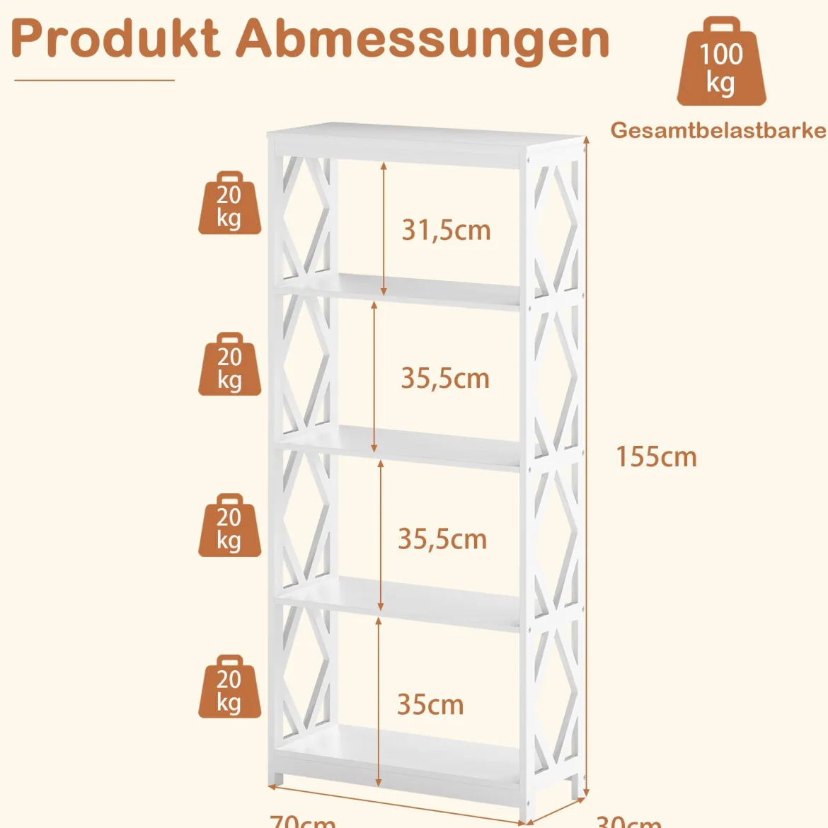5-stöckiges hohes Bücherregal offenes Holzregal mit rhombischer Struktur Weiß