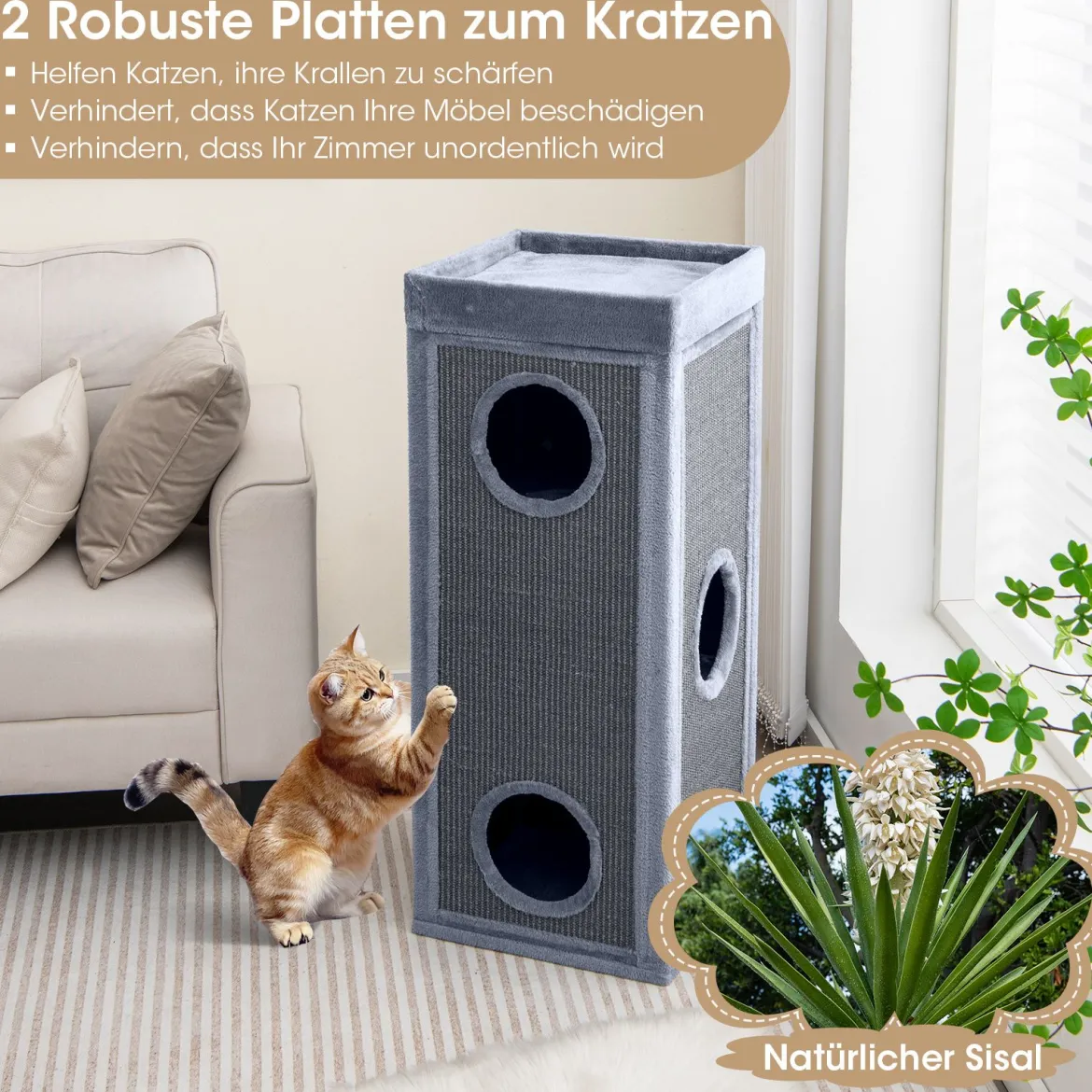 4-stöckiges Katzenhaus 99 cm Hoher Katzen-Kondominium mit Kratzpfosten 3 Verstecken Hellgrau