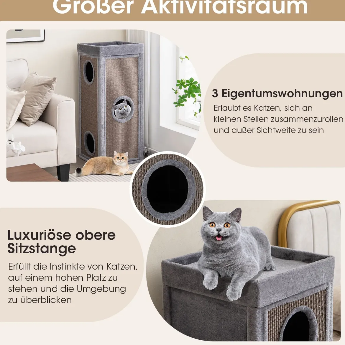 4-stöckiges Katzenhaus 99 cm hoher Katzen-Kondominium mit Kratzpfosten 3 Verstecken Grau