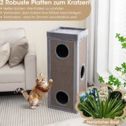 4-stöckiges Katzenhaus 99 cm hoher Katzen-Kondominium mit Kratzpfosten 3 Verstecken Grau