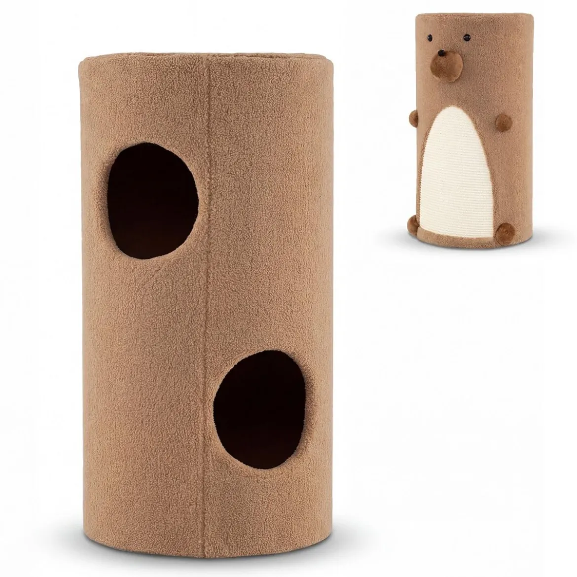 2-stöckiges Katzenhaus mit Sisal-Kratzmatte & Versteck-Höhle & Überdachtem Bett Spielhaus im Fässchen-Design