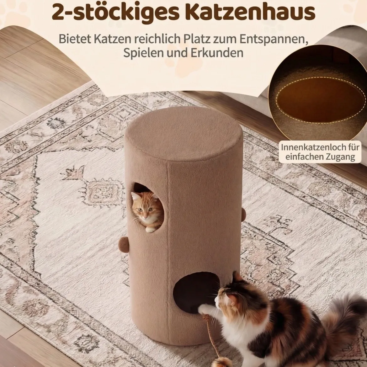 2-stöckiges Katzenhaus mit Sisal-Kratzmatte & Versteck-Höhle & Überdachtem Bett Spielhaus im Fässchen-Design