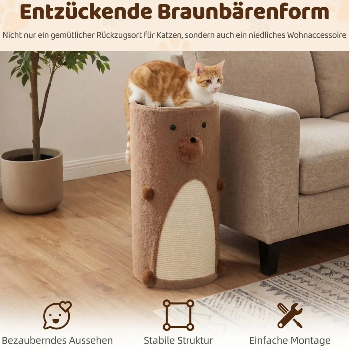 2-stöckiges Katzenhaus mit Sisal-Kratzmatte & Versteck-Höhle & Überdachtem Bett Spielhaus im Fässchen-Design