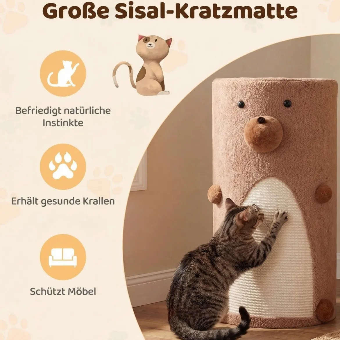 2-stöckiges Katzenhaus mit Sisal-Kratzmatte & Versteck-Höhle & Überdachtem Bett Spielhaus im Fässchen-Design