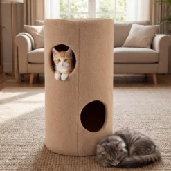 2-stöckiges Katzenhaus mit Sisal-Kratzmatte & Versteck-Höhle & Überdachtem Bett Spielhaus im Fässchen-Design