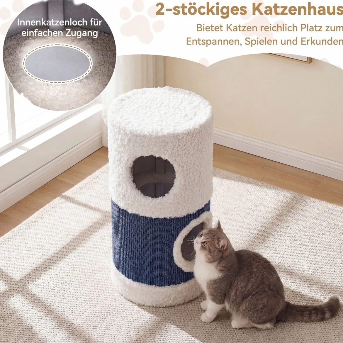 2-stöckiges Katzenhaus mit Sisal-Kratzmatte & Versteck-Höhle & Überdachtem Bett Niedliches Spielhaus