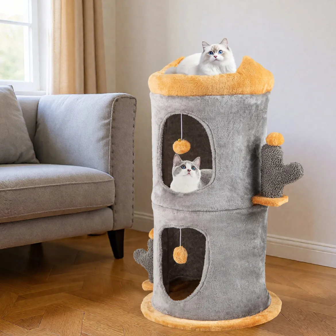 2-stöckiges Katzenhaus niedlicher kleiner Katzenbaum mit 2 gemütlichen Katzenhöhle Grau+Orange