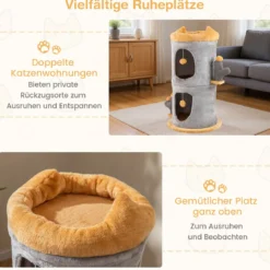 2-stöckiges Katzenhaus niedlicher kleiner Katzenbaum mit 2 gemütlichen Katzenhöhle Grau+Orange