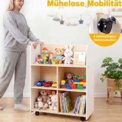 3-stöckiges Kinderbücherregal mit Rollen doppelseitige Buchanzeige & Aufbewahrungswagen Weiß