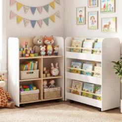 3-stöckiges Kinderbücherregal mit Rollen doppelseitige Buchanzeige & Aufbewahrungswagen Weiß