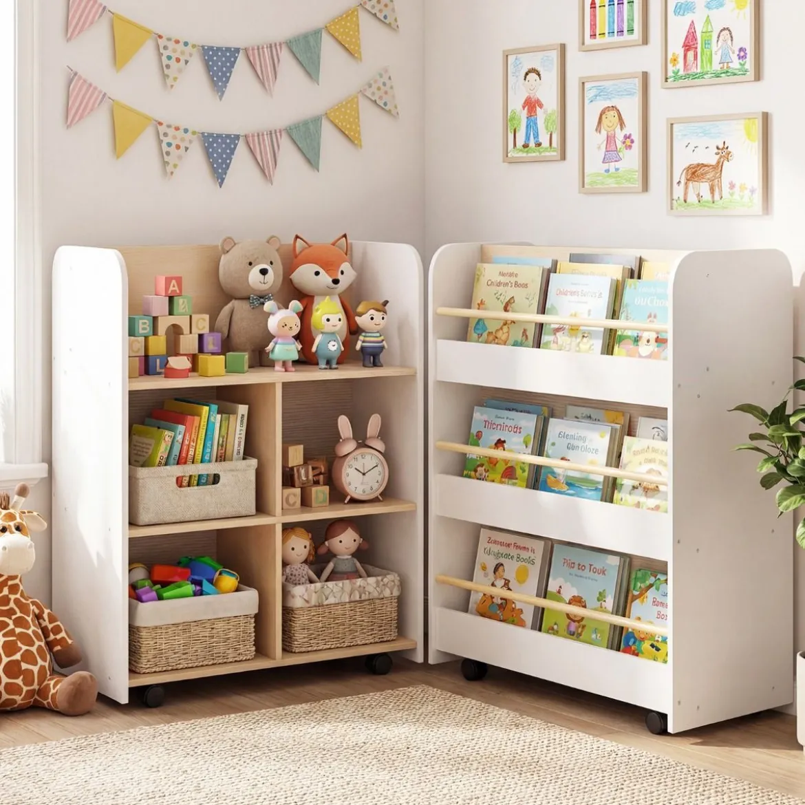 3-stöckiges Kinderbücherregal mit Rollen doppelseitige Buchanzeige & Aufbewahrungswagen Weiß