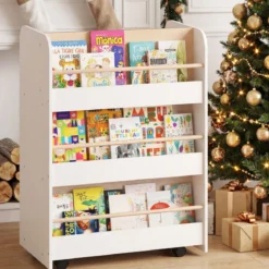 3-stöckiges Kinderbücherregal mit Rollen doppelseitige Buchanzeige & Aufbewahrungswagen Weiß