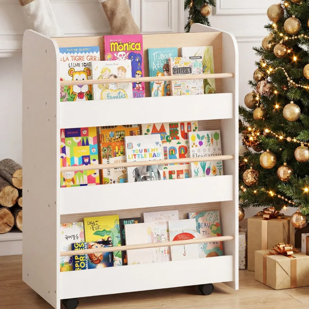 3-stöckiges Kinderbücherregal mit Rollen doppelseitige Buchanzeige & Aufbewahrungswagen Weiß