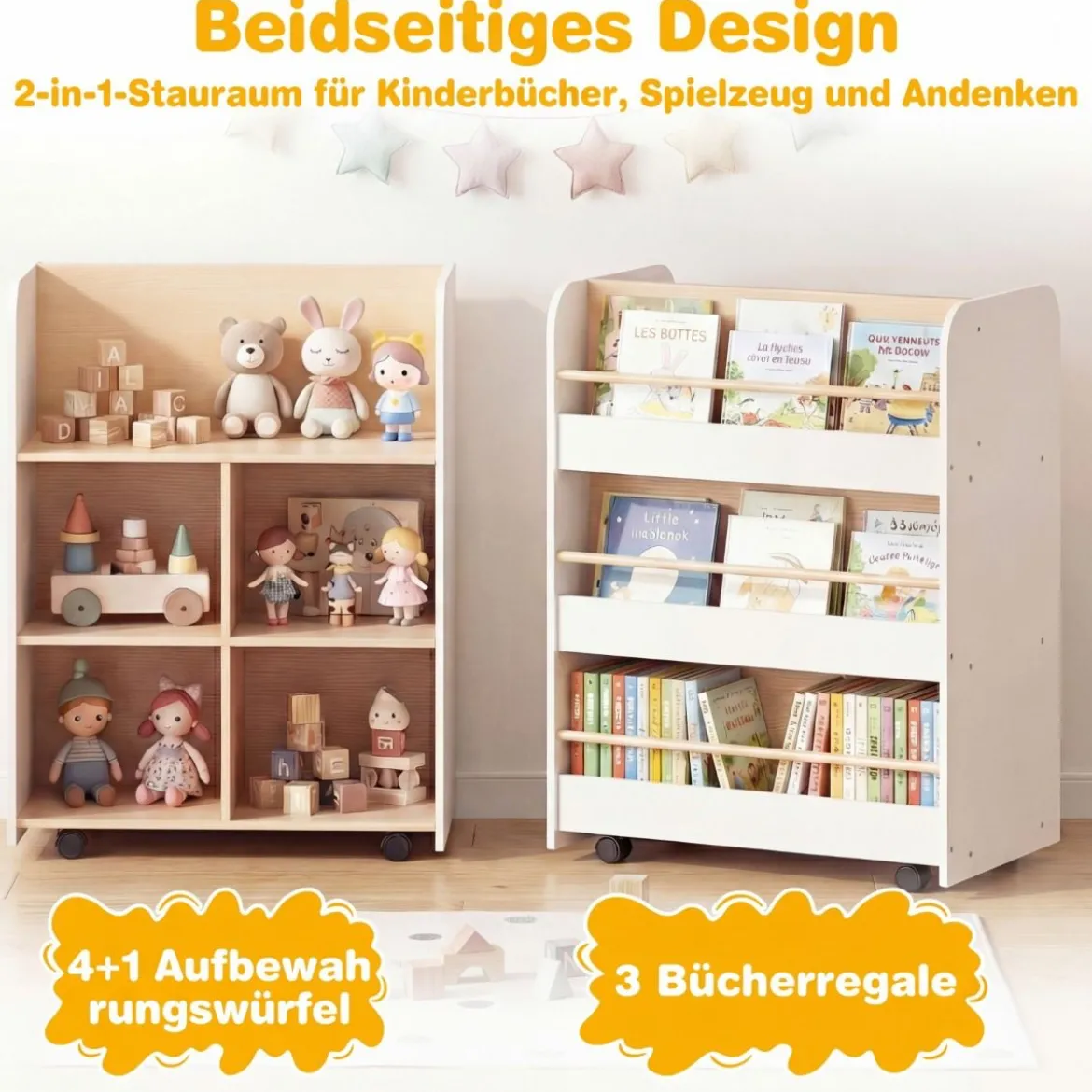 3-stöckiges Kinderbücherregal mit Rollen doppelseitige Buchanzeige & Aufbewahrungswagen Weiß