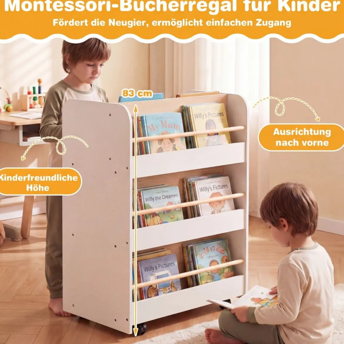 3-stöckiges Kinderbücherregal mit Rollen doppelseitige Buchanzeige & Aufbewahrungswagen Weiß
