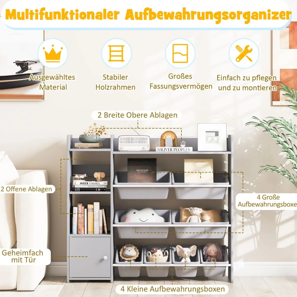 4-stöckiges Kinderregal mit 8 Aufbewahrungsboxen & 2 Offenen Regalen Spielzeugregal Grau