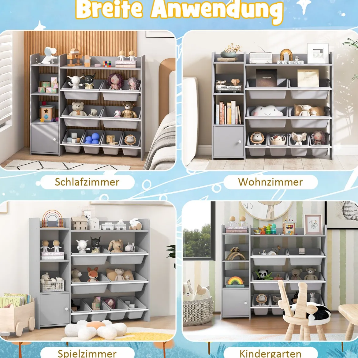 4-stöckiges Kinderregal mit 8 Aufbewahrungsboxen & 2 Offenen Regalen Spielzeugregal Grau