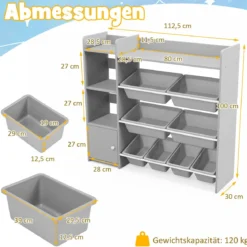 4-stöckiges Kinderregal mit 8 Aufbewahrungsboxen & 2 Offenen Regalen Spielzeugregal Grau