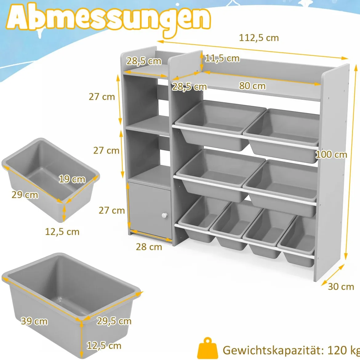 4-stöckiges Kinderregal mit 8 Aufbewahrungsboxen & 2 Offenen Regalen Spielzeugregal Grau