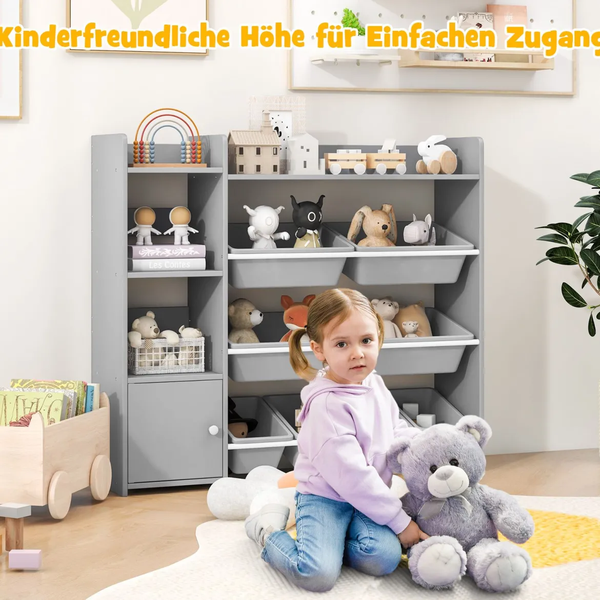 4-stöckiges Kinderregal mit 8 Aufbewahrungsboxen & 2 Offenen Regalen Spielzeugregal Grau