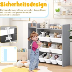 4-stöckiges Kinderregal mit 8 Aufbewahrungsboxen & 2 Offenen Regalen Spielzeugregal Grau
