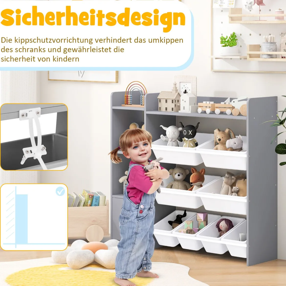 4-stöckiges Kinderregal mit 8 Aufbewahrungsboxen & 2 Offenen Regalen Spielzeugregal Grau