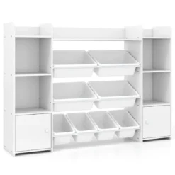 4-stöckiges Kinderregal mit 8 Boxen & 2 Schänken & Regalen Holz Spielzeugschrank Weiß