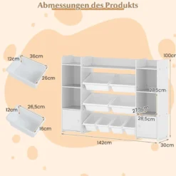 4-stöckiges Kinderregal mit 8 Boxen & 2 Schänken & Regalen Holz Spielzeugschrank Weiß