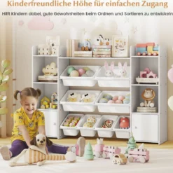 4-stöckiges Kinderregal mit 8 Boxen & 2 Schänken & Regalen Holz Spielzeugschrank Weiß